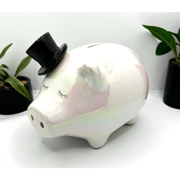 Ceramic Piggy Bank With Black Top Hat Iridescent Finish Coin Slot & Removable St - Picture 1 of 6